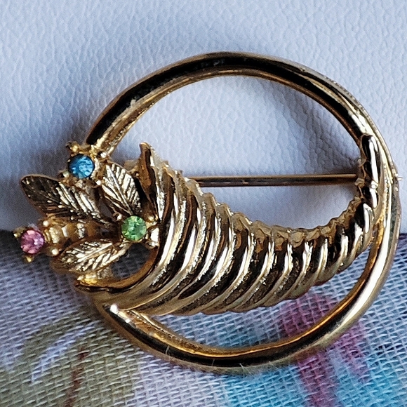 CORNUCOPIA Thanksgiving Vintage Demi Parure Pastel Stone Gold Brooch Earrings - Picture 5 of 7